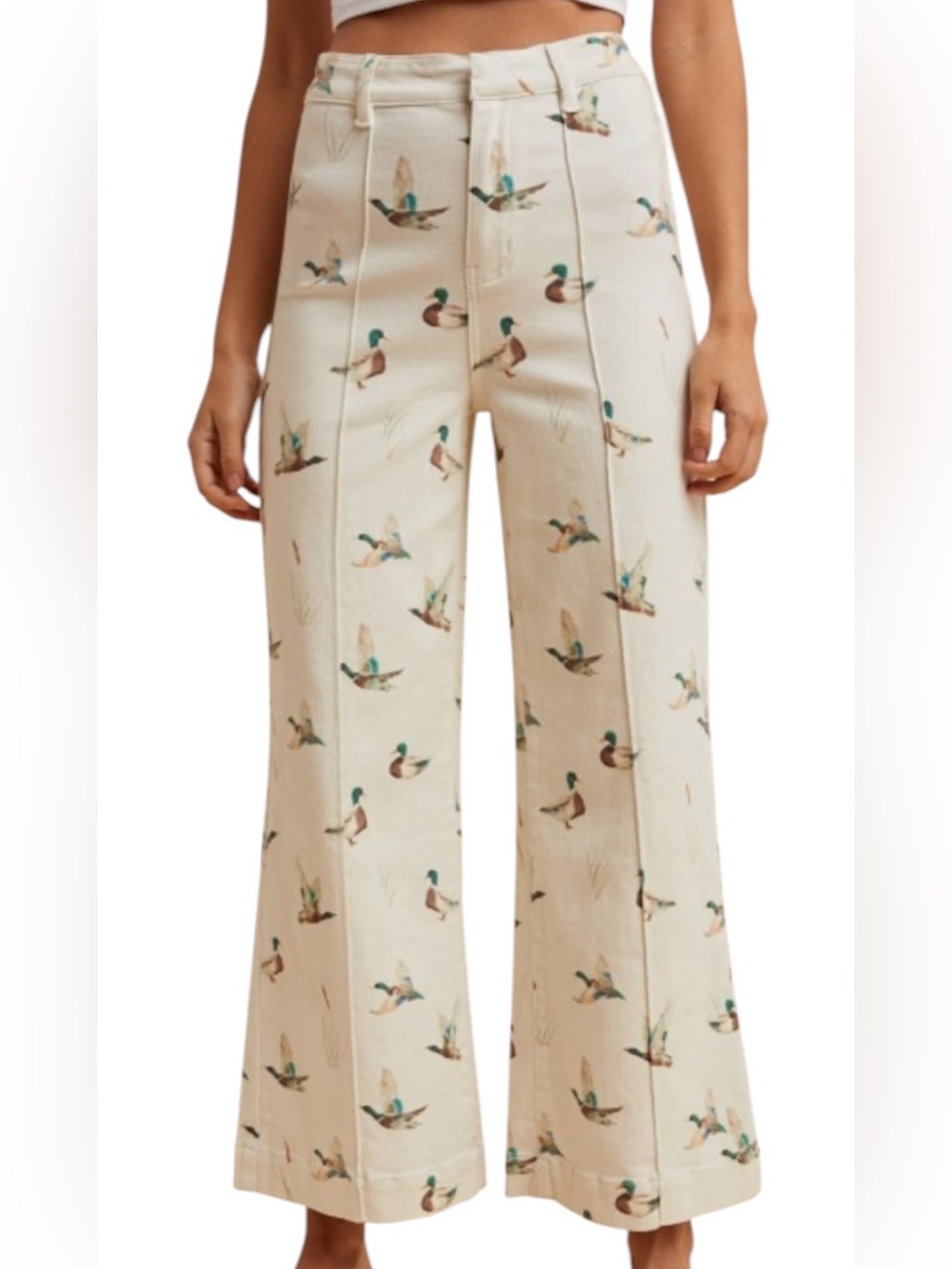 AnnieWear Mallard Print Stretch Wide Leg Cream Denim
